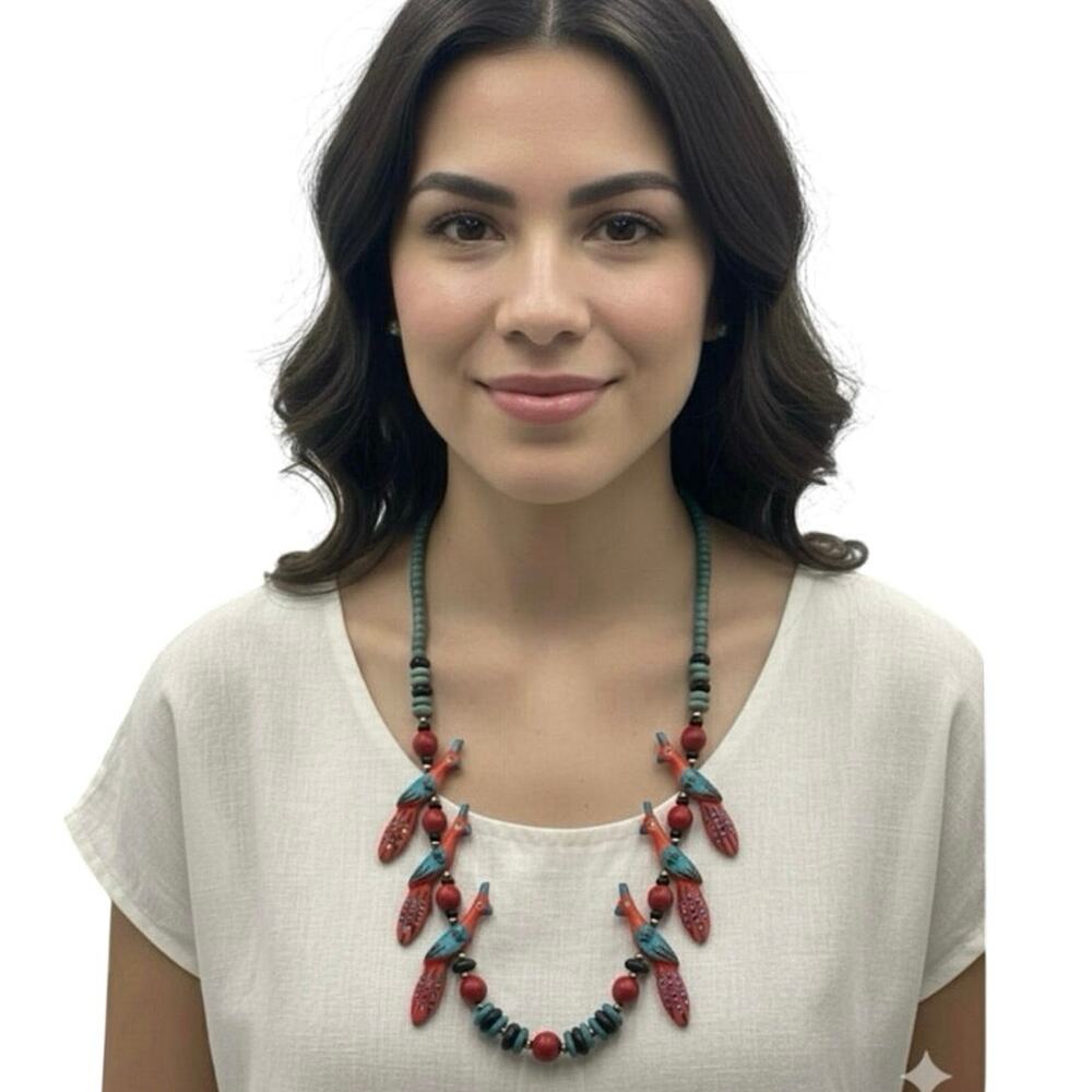Vintage Carved Red Blue Wood Carved Parrot Bird‎ Long Beaded Necklace